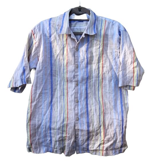 Tommy Bahama 100% Linen Shirt Short Sleeved Silk Striped Large (L) - Picture 1 of 16